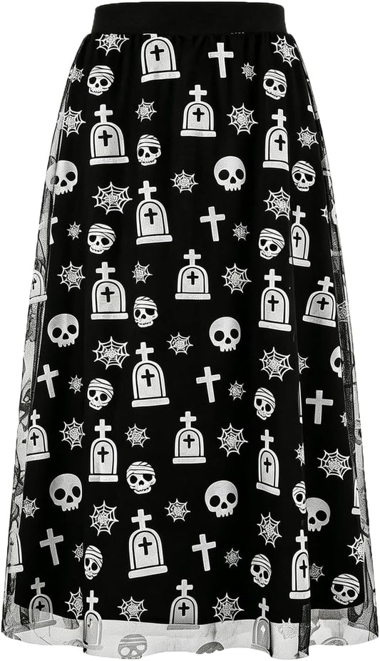 Women's Halloween Tulle Midi Skirt, Flocked Print Witch Costume Skirt