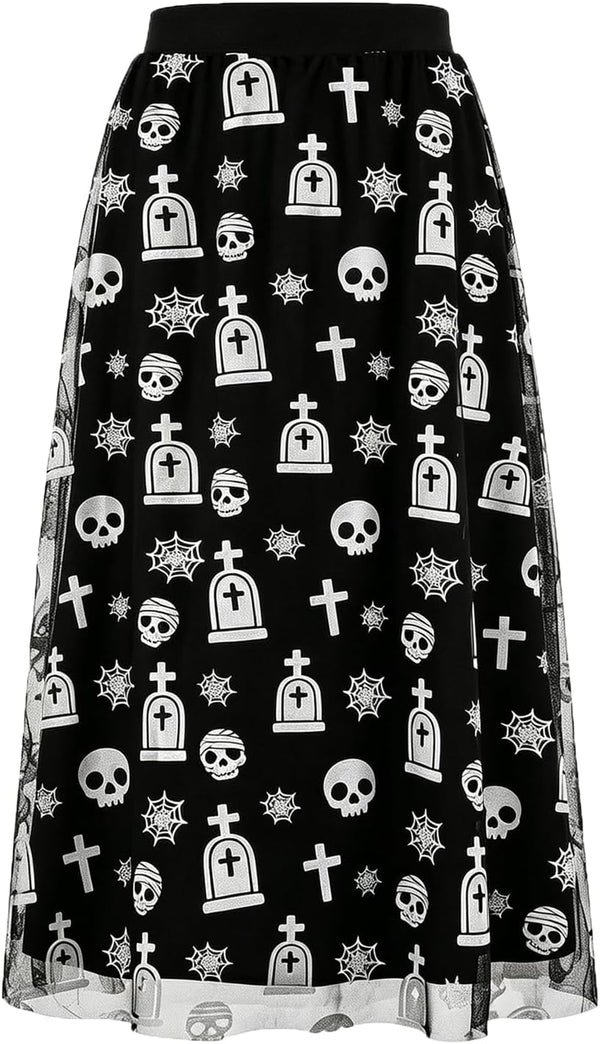 Women's Halloween Tulle Midi Skirt, Flocked Print Witch Costume Skirt