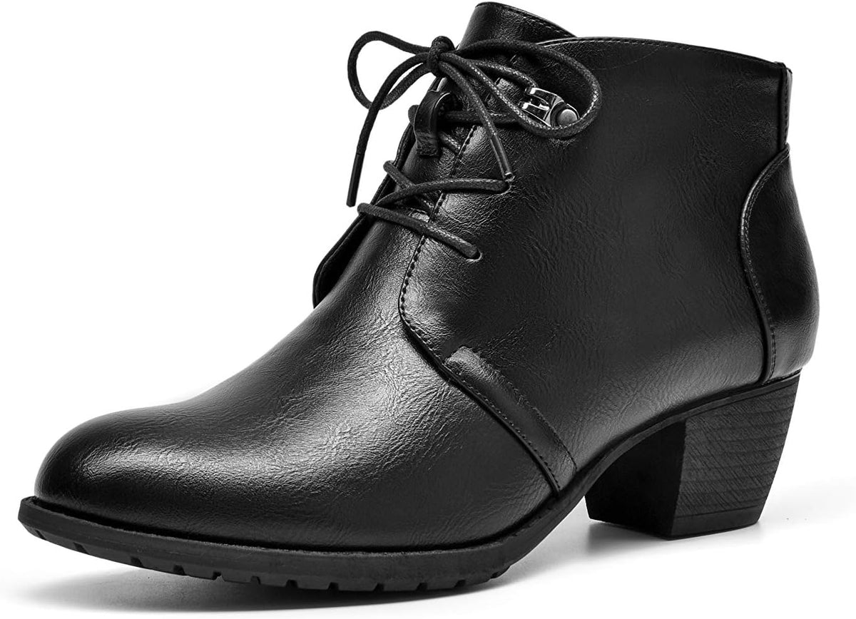 Women's Ankle Boots,Lace-up Round Toe Comfortable Low Heel Dress Booties with Side Zipper