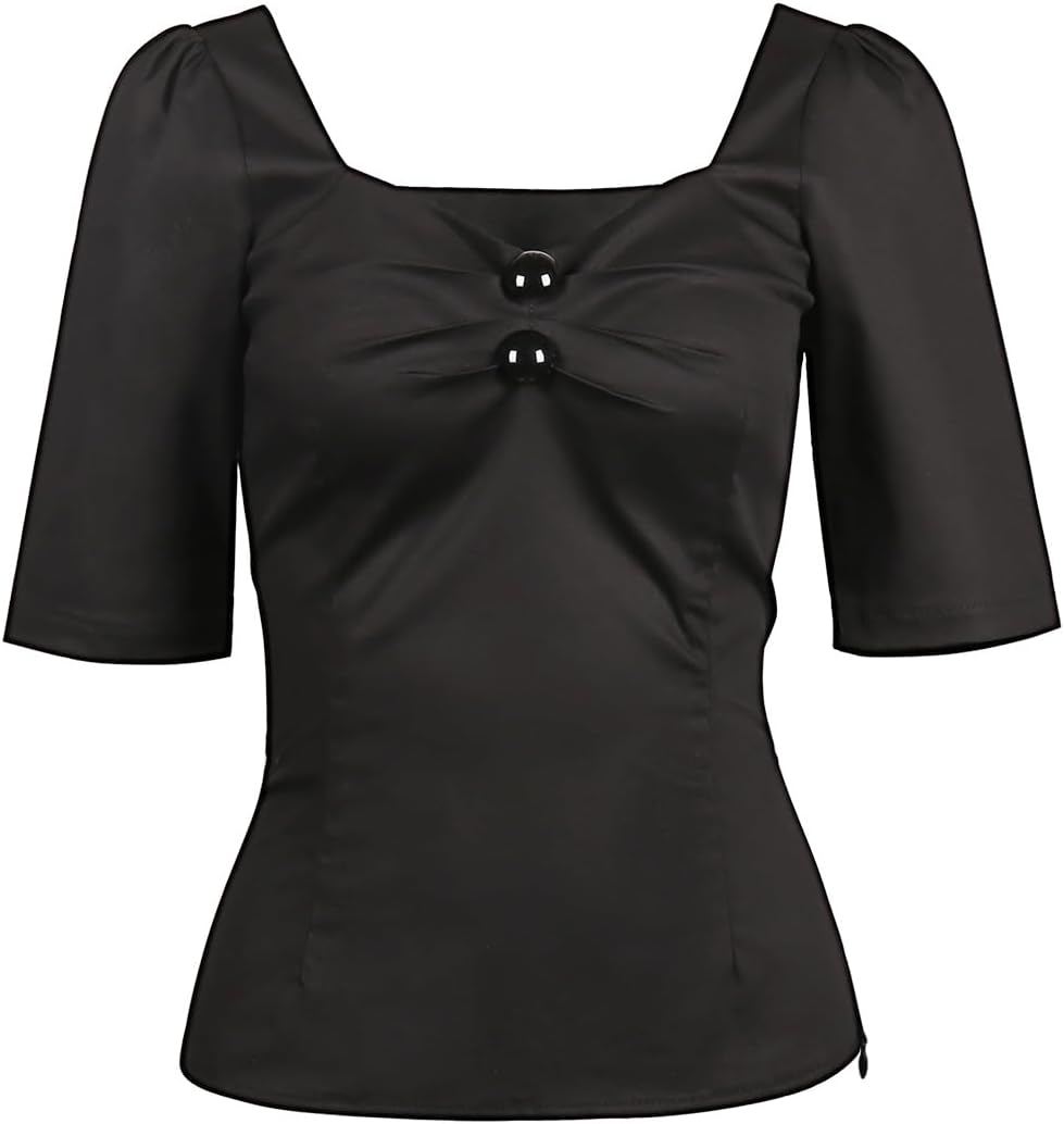 YARN & INK Women's 1950s Pinup Tops, Rockabilly Vintage Blouse Medium Sleeves Sweetheart V-Neck Shirt
