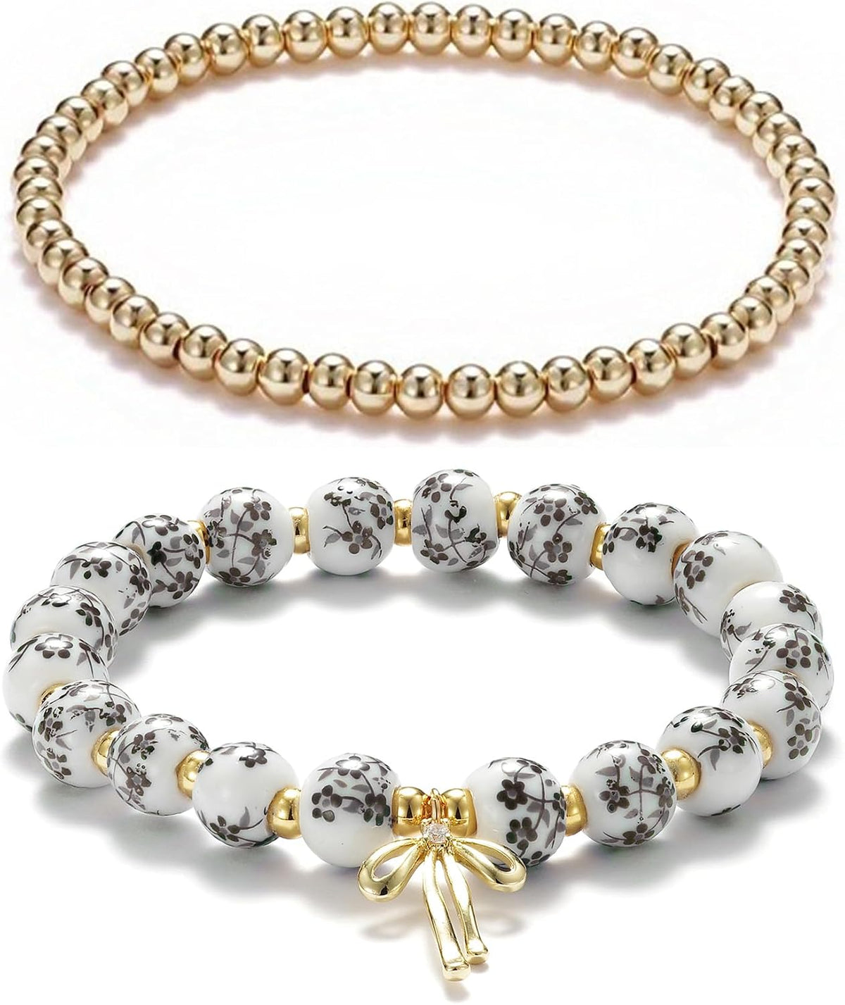 Beaded Bracelets for Women,Bow Charm Blue Flower Gold Plated Jewelry Women