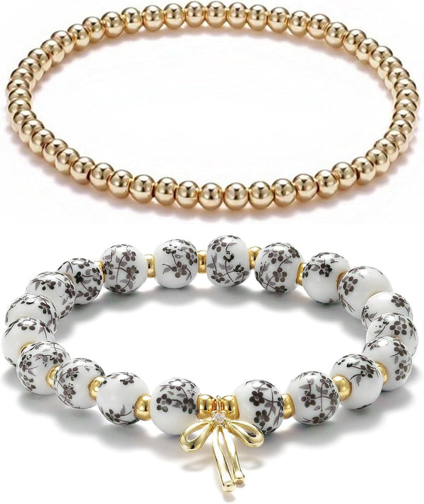 Beaded Bracelets for Women,Bow Charm Blue Flower Gold Plated Jewelry Women