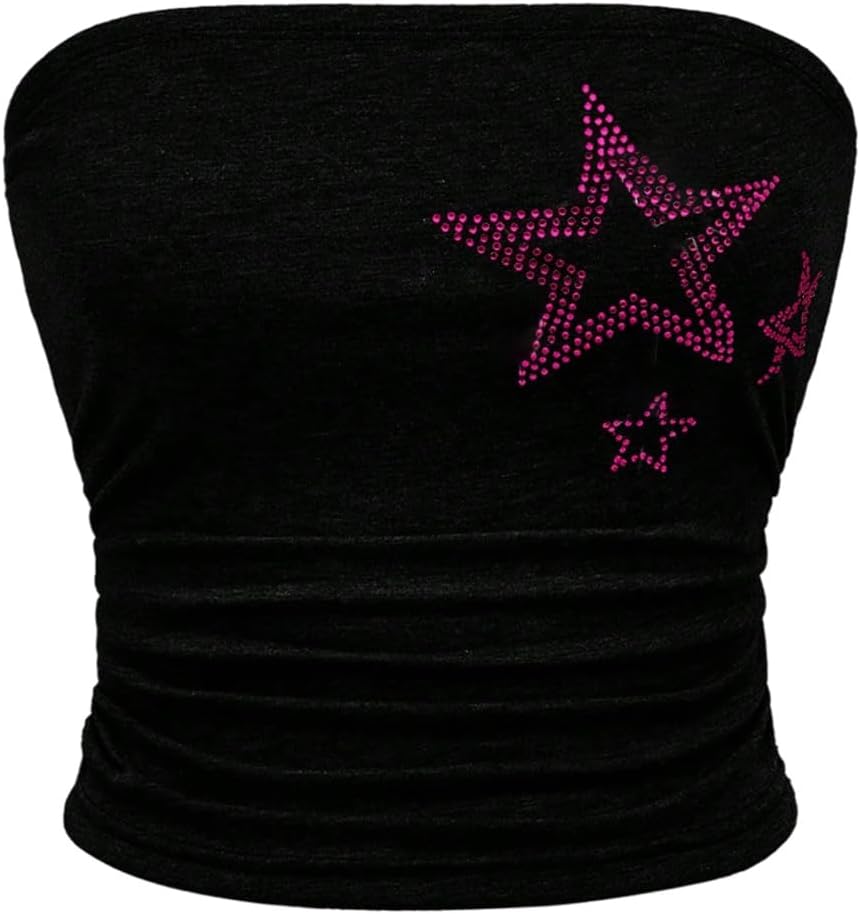 WDIRARA Women's Star Rhinestone Strapless Crop Tube Bandeau Top