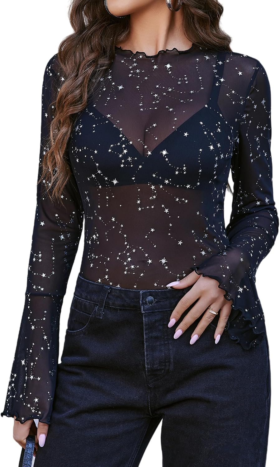 Mesh Tops for Women Long Bell Sleeve Blouses Going Out Shirt Sexy Outfits