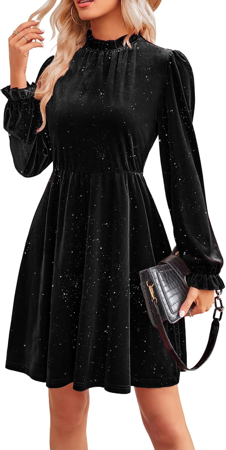 Jayscreate Women's Long Sleeve Winter Fall Wedding Guest Velvet Short Dress