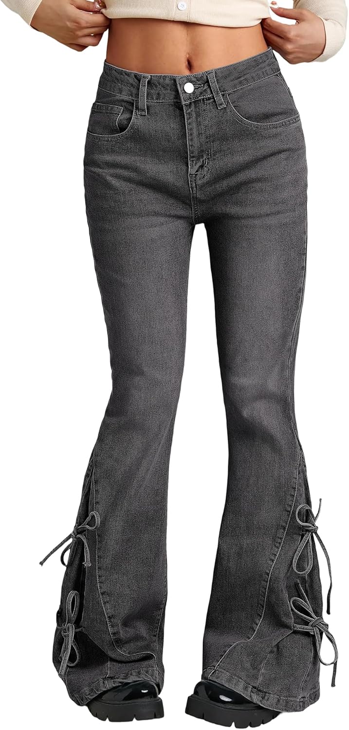 Women Bell Bottom Jeans Stretchy Flare Mid Rise Embroidery Vintage