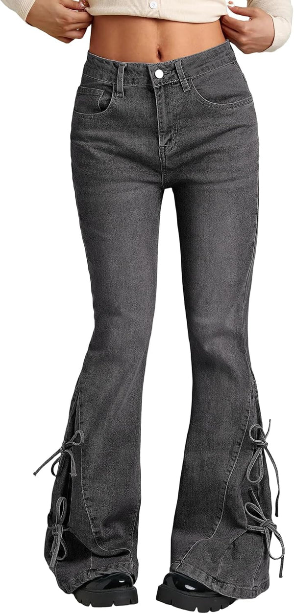 Women Bell Bottom Jeans Stretchy Flare Mid Rise Embroidery Vintage