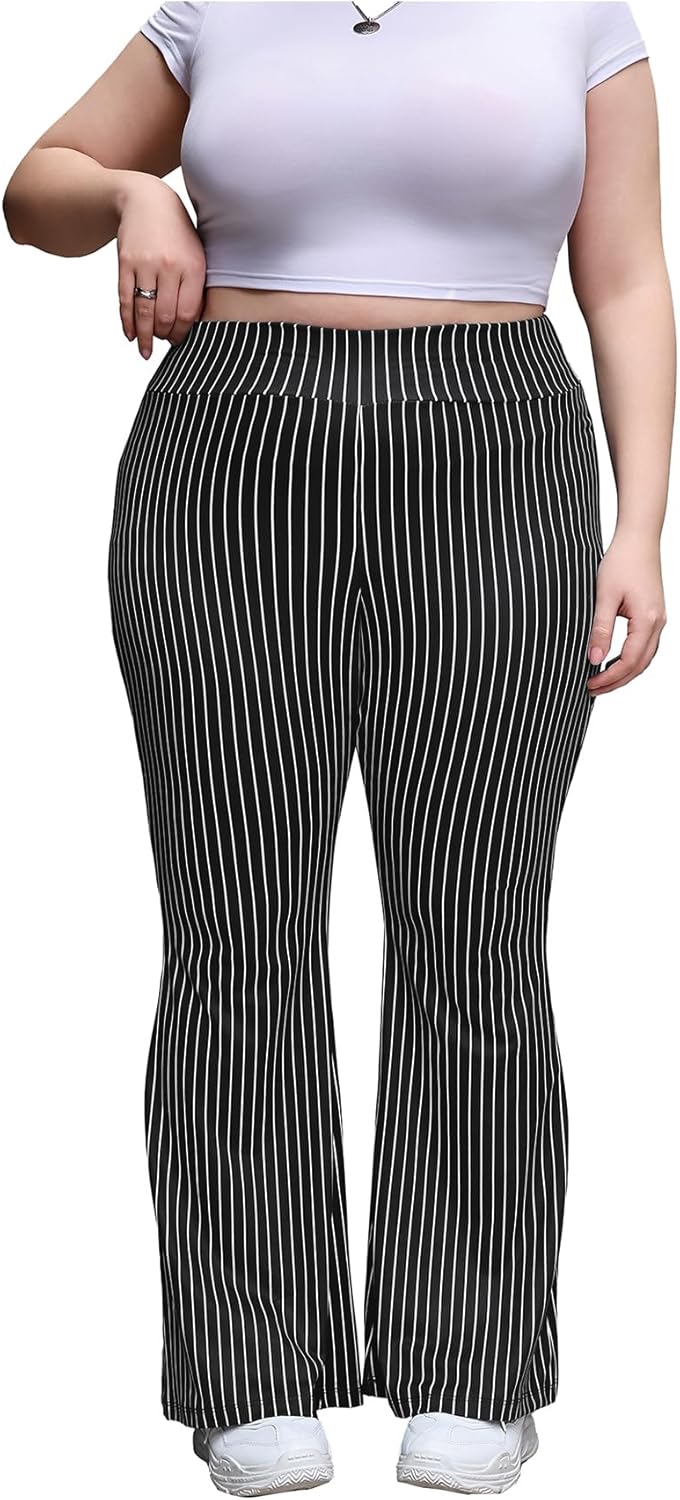 Wdirara Women's Plus Size Elastic High Waist Flare Bell Bottom Ribbed