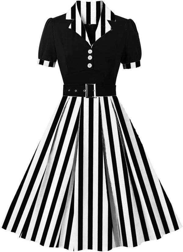 1950s Retro Polka Dot & Stripe Swing Cocktail Dress