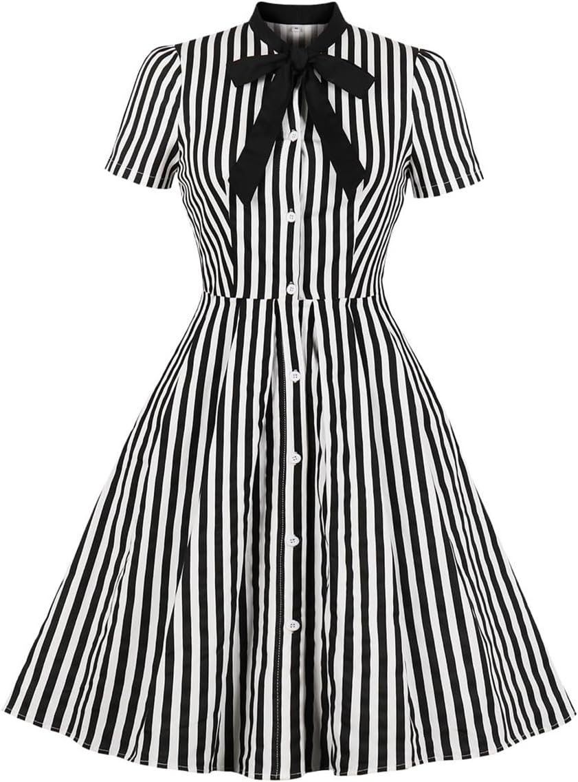 1950s Dresses for Women Vintage Rockabilly Retro Short Sleeve Tie Midi Dress Cocktail Party Evening Prom Gown