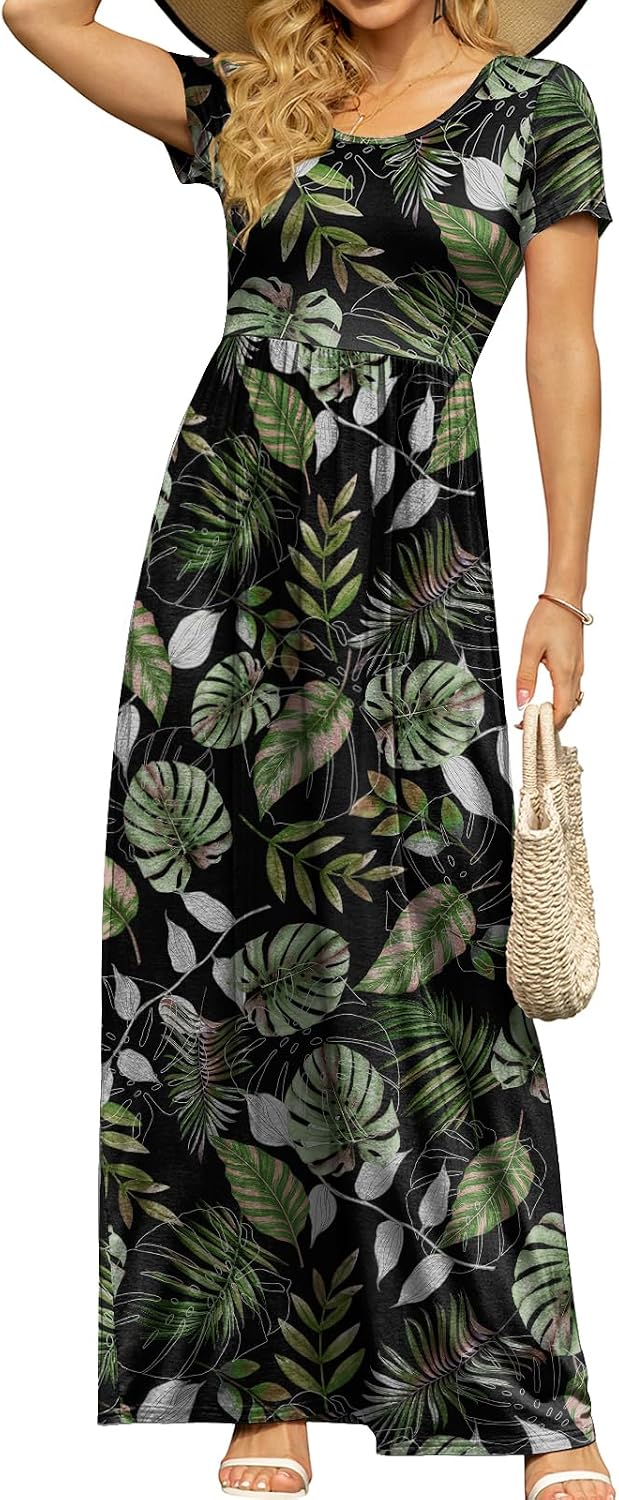 DB MOON Women's Summer Maxi Dress Casual Short Sleeve Empire Waist Pockets