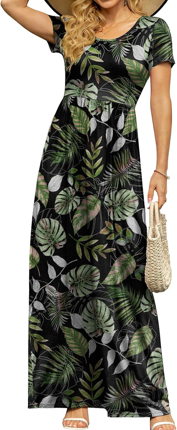 DB MOON Women's Summer Maxi Dress Casual Short Sleeve Empire Waist Pockets