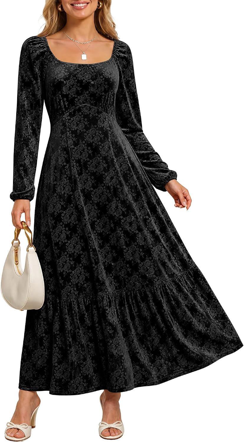 Caracilia Womens Long Sleeve Velvet Formal Fall Maxi Dress