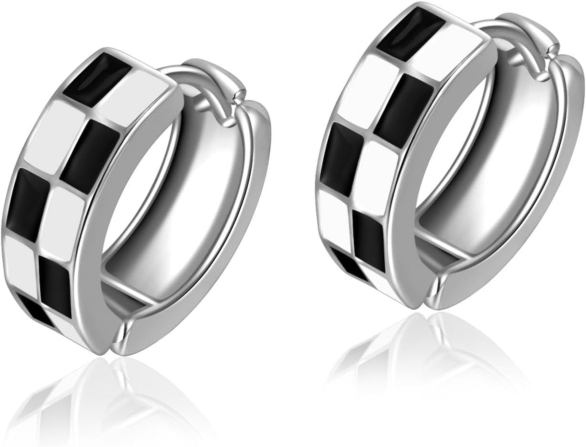 Checker Cartilage Hoops Teacher Earrings for Women White Black Enamel Gold