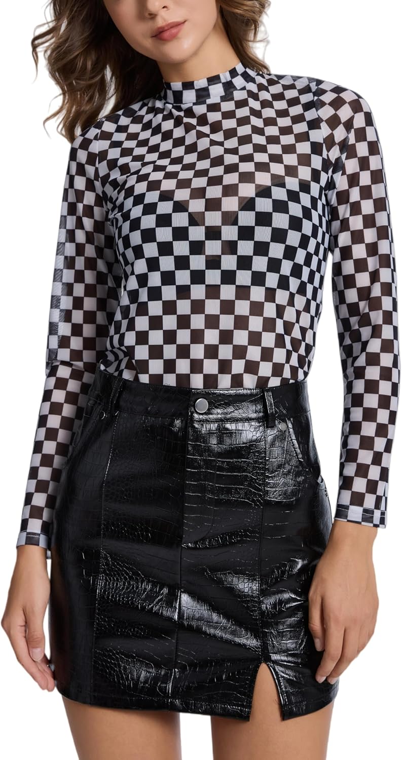 Womens Mesh Long Sleeve Tops Mock Neck Sexy Sheer See Through Tee Shirts Party Club Night Lace Blouse
