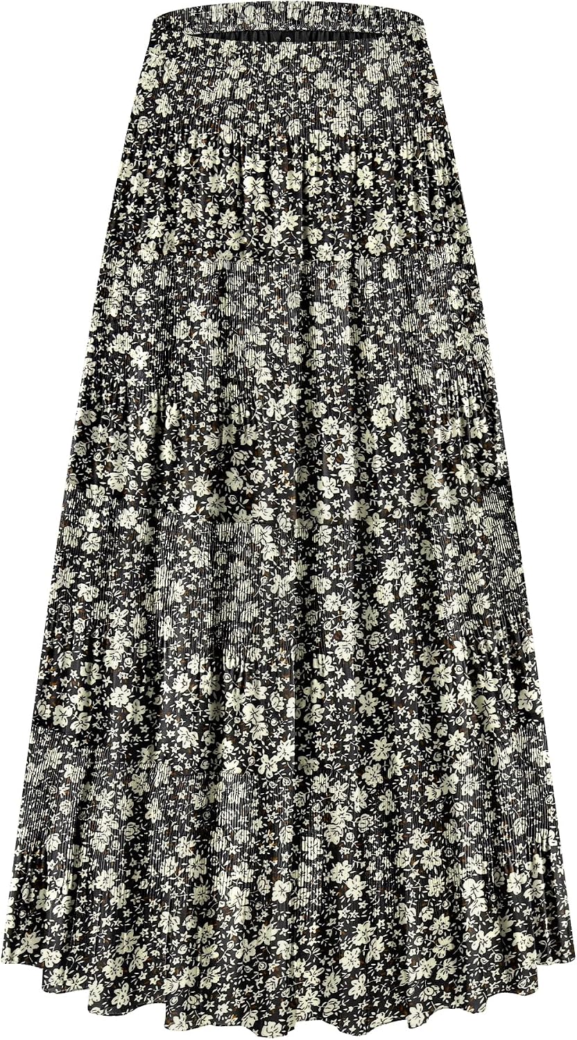 CYiNu Women's Chiffon Elastic High Waist Tiered Pleated Floral Printed A-Line Boho Long Maxi Skirts
