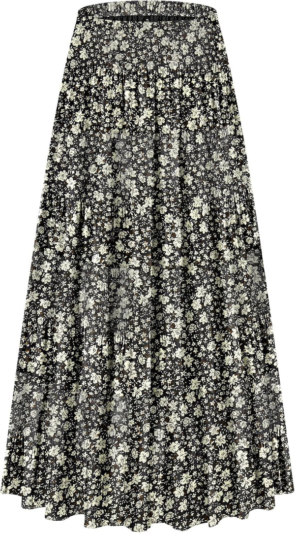 CYiNu Women's Chiffon Elastic High Waist Tiered Pleated Floral Printed A-Line Boho Long Maxi Skirts