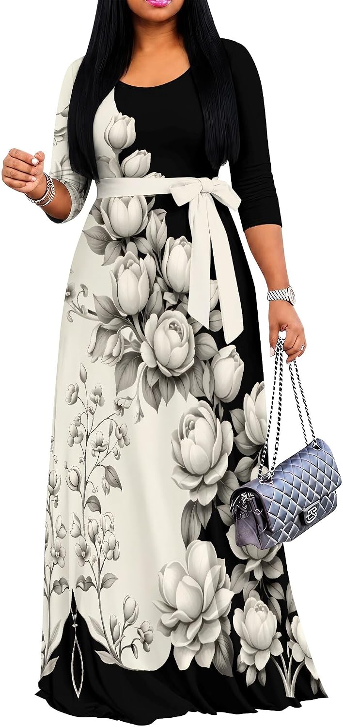 PinkPatty Women's Plus Size V Neck 3/4 Sleeve Boho Maxi Dress with Pockets