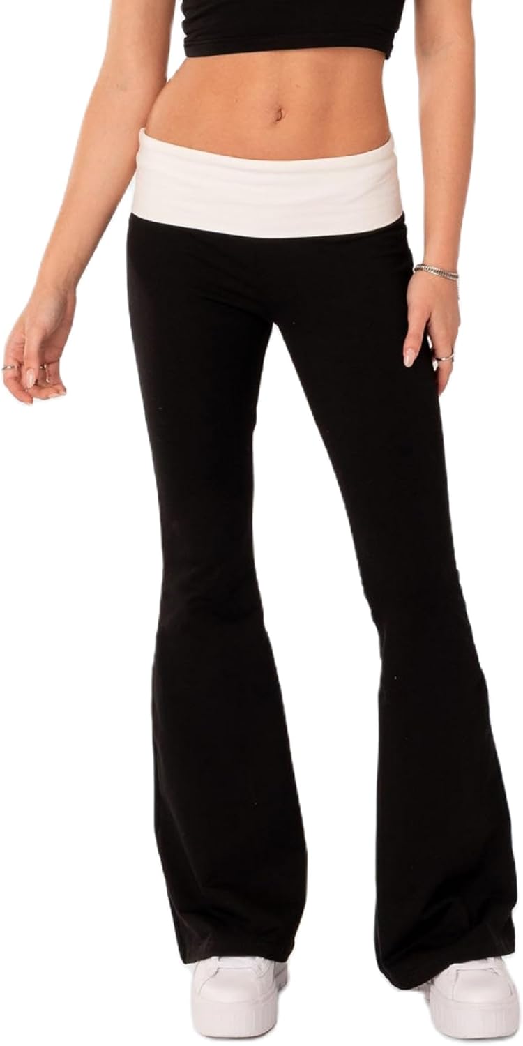 Women's Flare Skinny Pants Fold Over Leggings Stretch