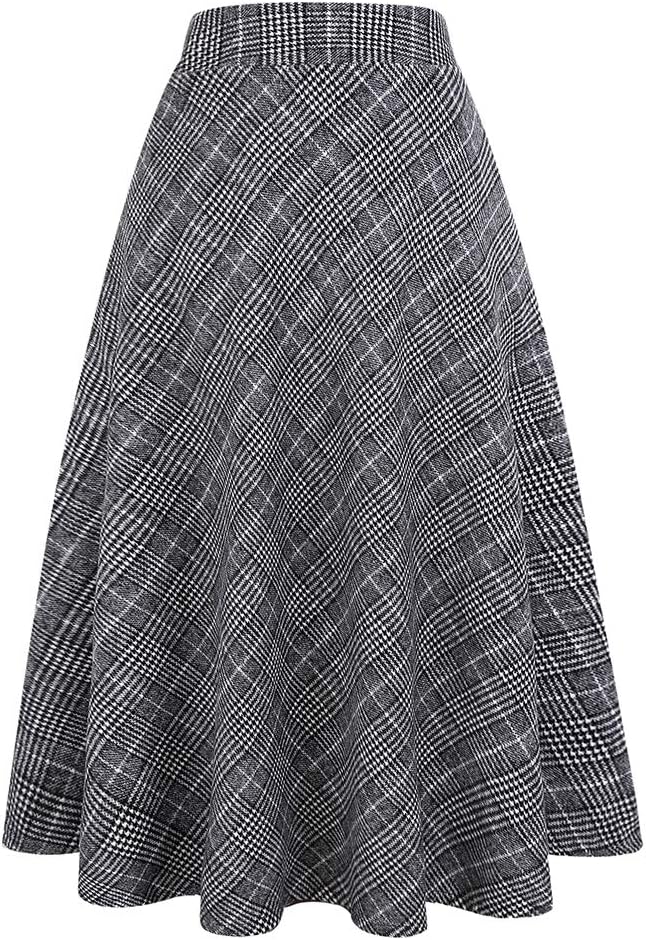 Womens Long Wool Plaid Skirt Aline High Waist Fall Winter Skirts