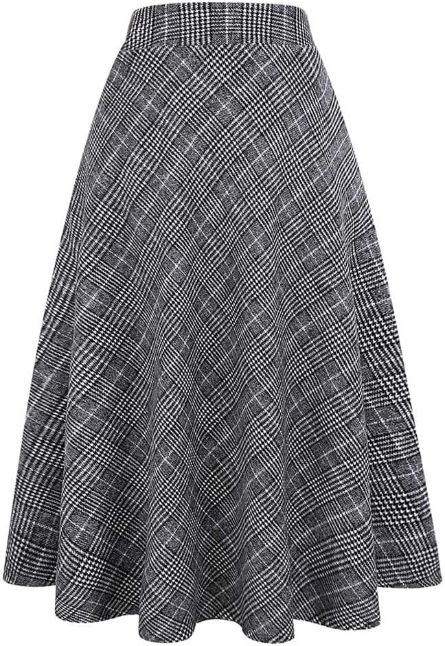 Long Plaid Wool Skirt for Womens Winter Fall Warm High Elastic Waist A line Flared Pleated Wool Tartan Skirts