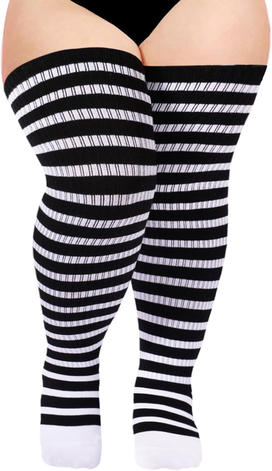 Moon Wood Plus Size Thigh High Socks for Women Knit Cotton Extra Long Striped Over the Knee High Socks Leg Warmers