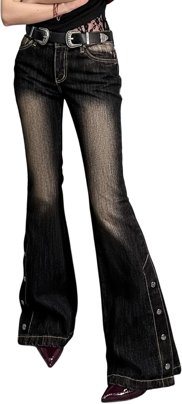 Women Bell Bottom Jeans Stretchy Flare Mid Rise Embroidery Vintage