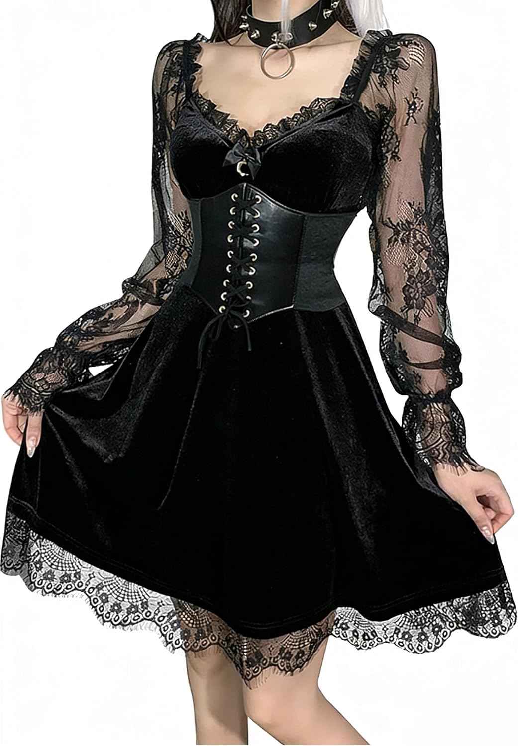 TSMNZMU Women Gothic Velvet Dress - Lace Long Sleeve Midi Lolita Dresses Secondary image