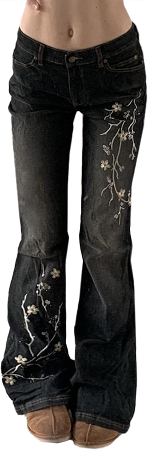 Women Bell Bottom Jeans Stretchy Flare Mid Rise Embroidery Vintage