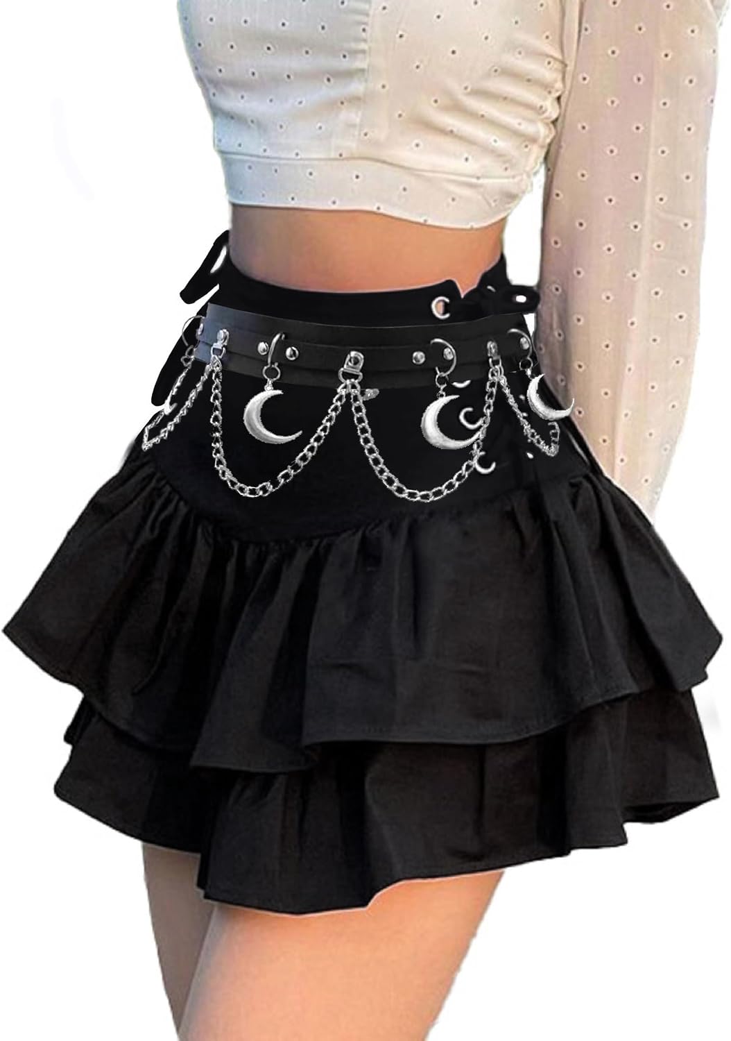 Womens Gothic Skirt Layered Ruffles Mini Emo Y2k Skirt Set
