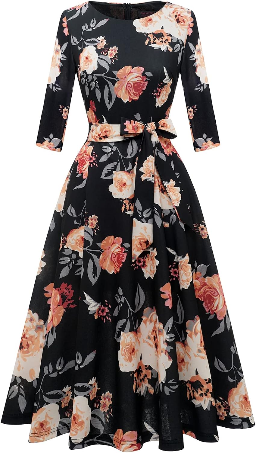 DRESSTELLS Cocktail Dresses for Women, Vintage Wedding Guest 3/4 Sleeves Formal Church Tea Dress
