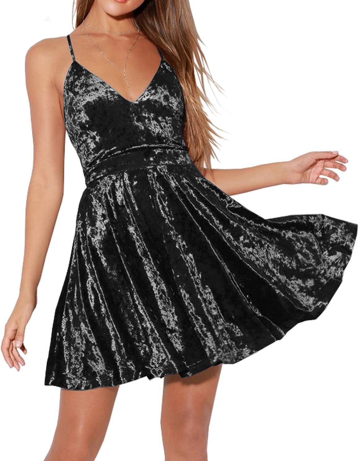 R.Vivimos Women's Crushed Velvet Swing Skater Mini Dress