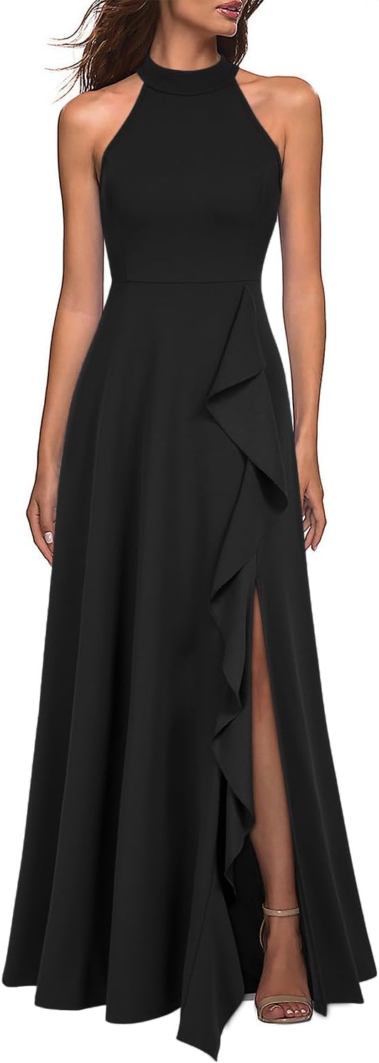 WOOSEA Women's High Neck Sexy Split Evening Cocktail Party Maxi Long Formal Dress