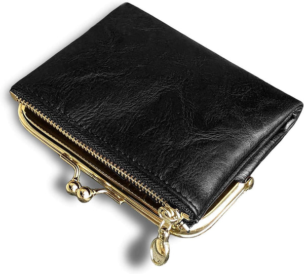 Womens Small RFID Compact Bifold Wallet — Vintage Kiss-Lock Coin Purse