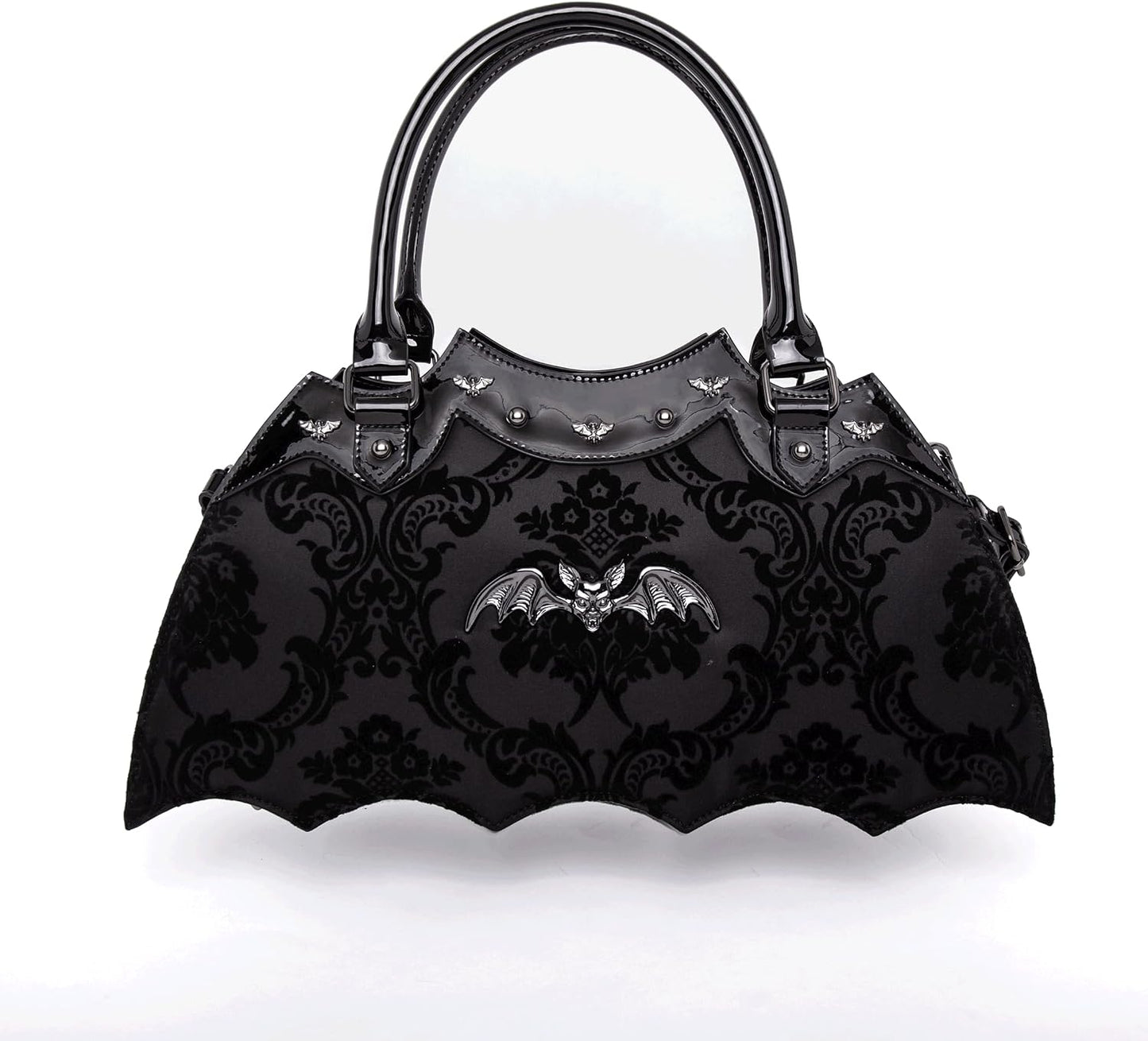 Bat Shaped Damask Handbag with Metal Embellishments