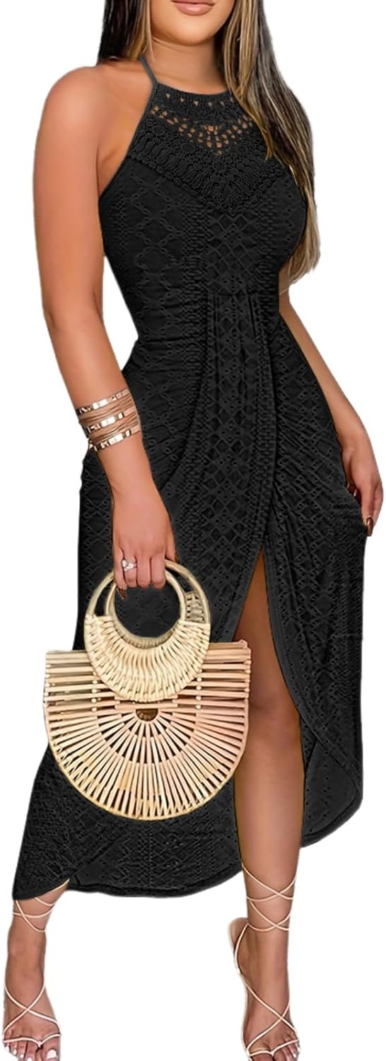 CHICME Womens Summer Halter Dress Hollow Out A Line Vacation Dress