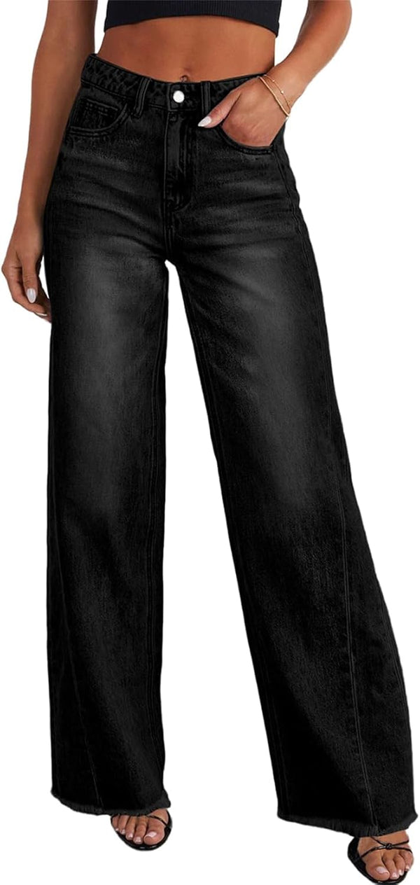 Sidefeel Women's Wide Leg Jeans High Waisted Stretchy Raw Hem