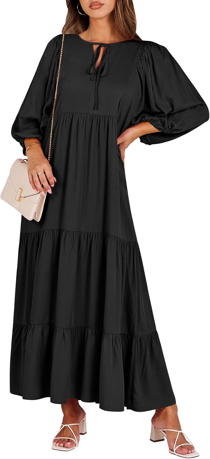 ANRABESS Womens Boho Floral 3/4 Puff Sleeve Maxi Dress