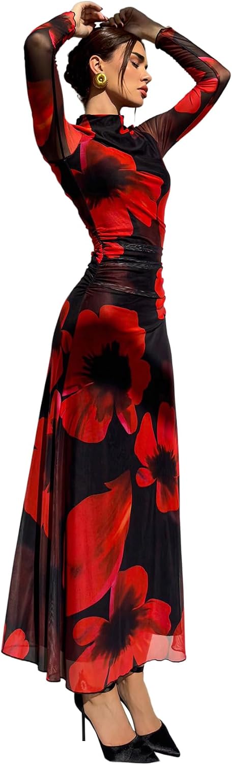 Verdusa Women's Floral Wedding Guest Dress Long Sleeve Mesh Maxi Dresses