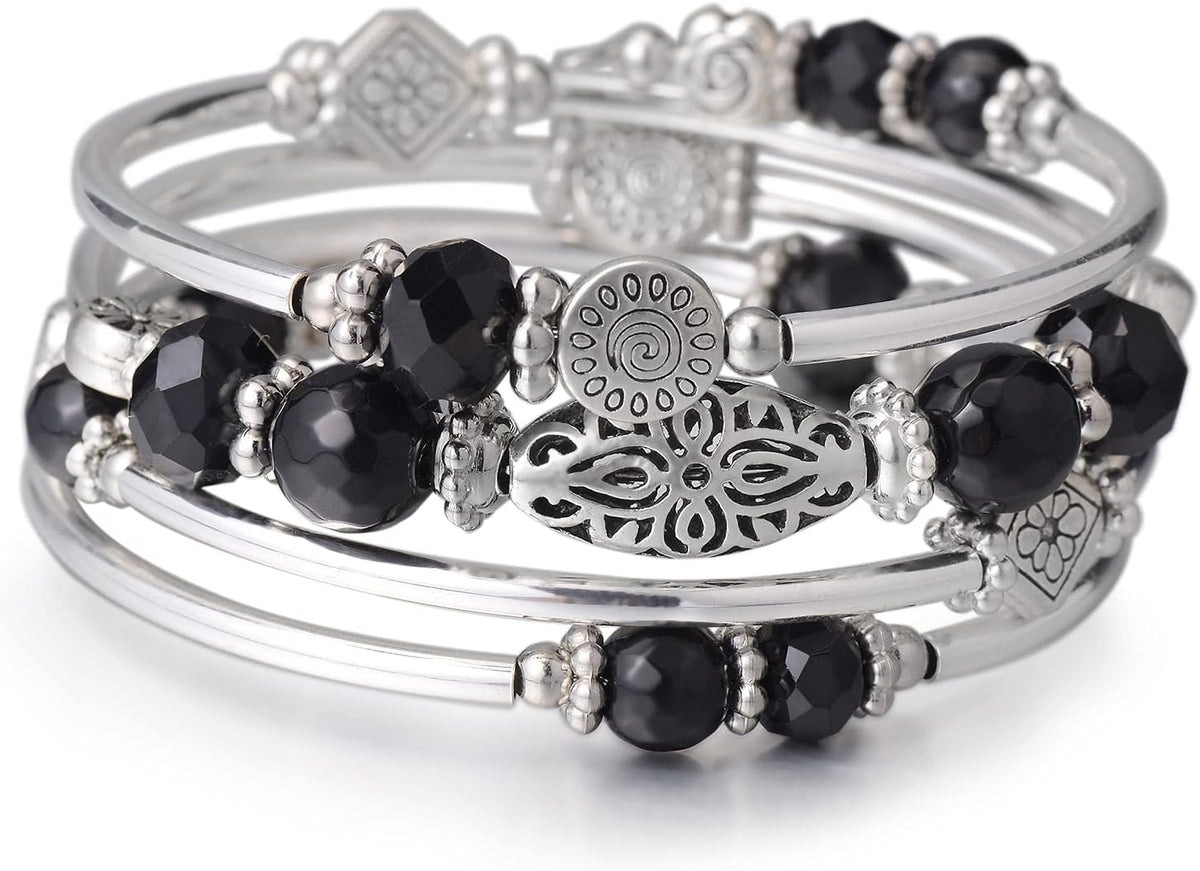 Stackable Beaded Bracelets for Women Boho Wrap Silver Bracelet Layered Fashion Jewelry Gifts for Her