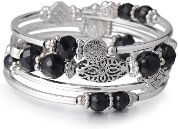 Stackable Beaded Bracelets for Women Boho Wrap Silver Bracelet Layered Fashion Jewelry Gifts for Her