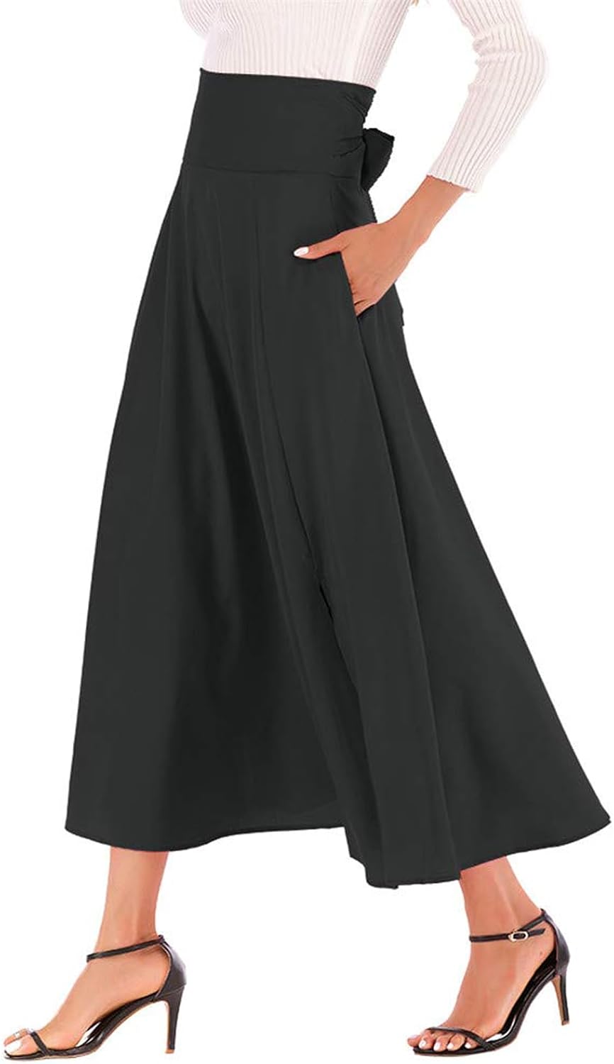 Women’s High Waist Pleated Maxi Skirt with Pockets, Solid Split Flowy Skirt