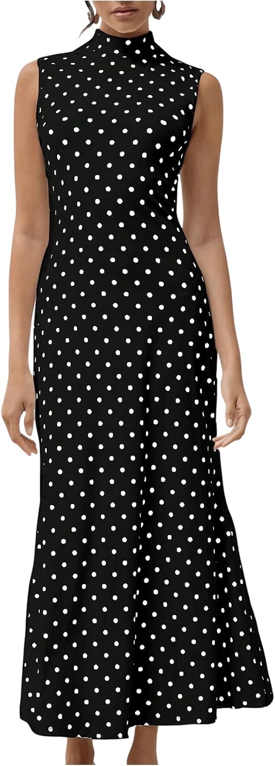 Milumia Women's Polka Dots Maxi Tank Dress Vintage Mock Neck Long Dresses