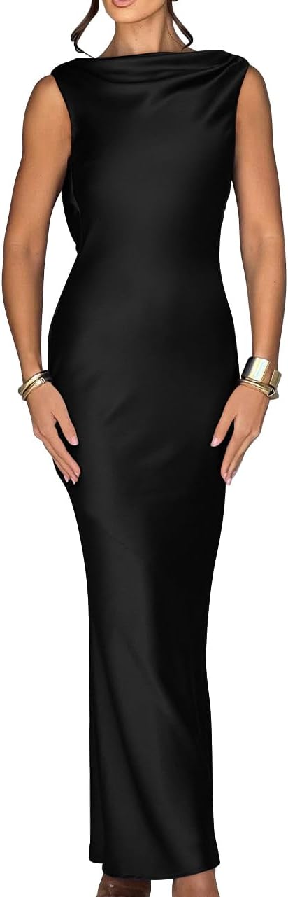 Memoriesea Women's Elegant Sleeveless High Neck Tie Cocktail Wedding Party Maxi Dress