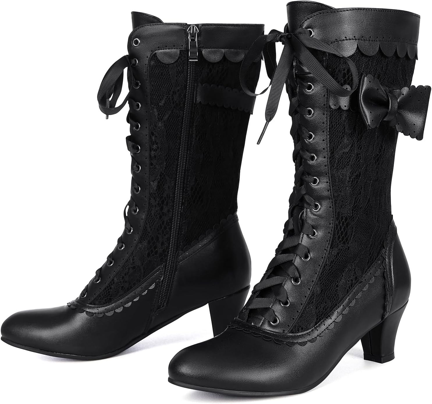 Women Vintage Victorian Boots Lace Mid Calf Granny Boots Zipper Costume Renaissance Shoes Mid Heel Wedding Dress Boots with Bows Secondary image