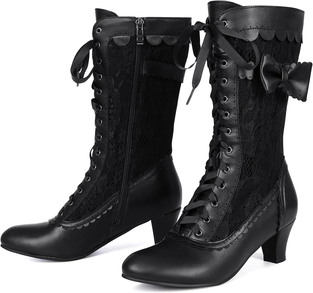 Women Vintage Victorian Boots Lace Mid Calf Granny Boots Zipper Costume Renaissance Shoes Mid Heel Wedding Dress Boots with Bows