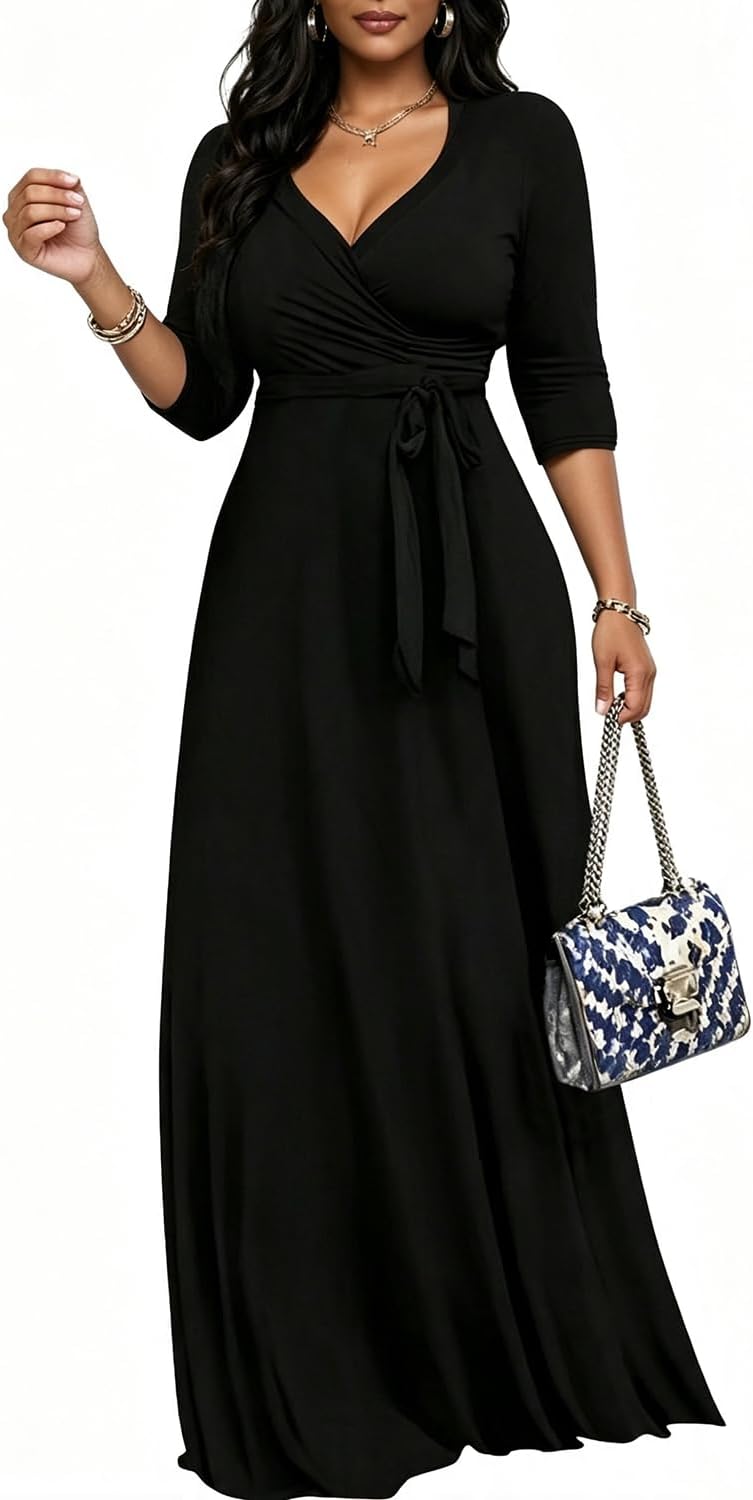 CaniBtr Maxi Dresses for Women Plus Size 3/4 Sleeve Long Dress with Belt