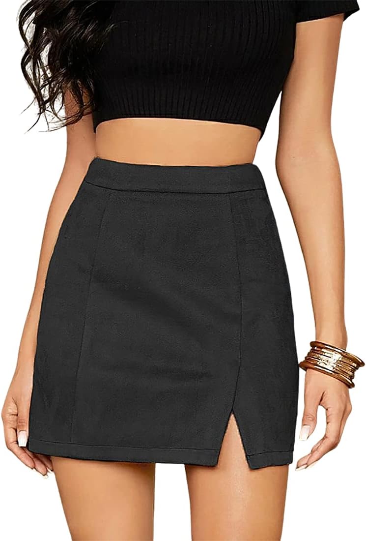 Women's High Waist Faux Suede Side Split Bodycon Short Mini Skirt