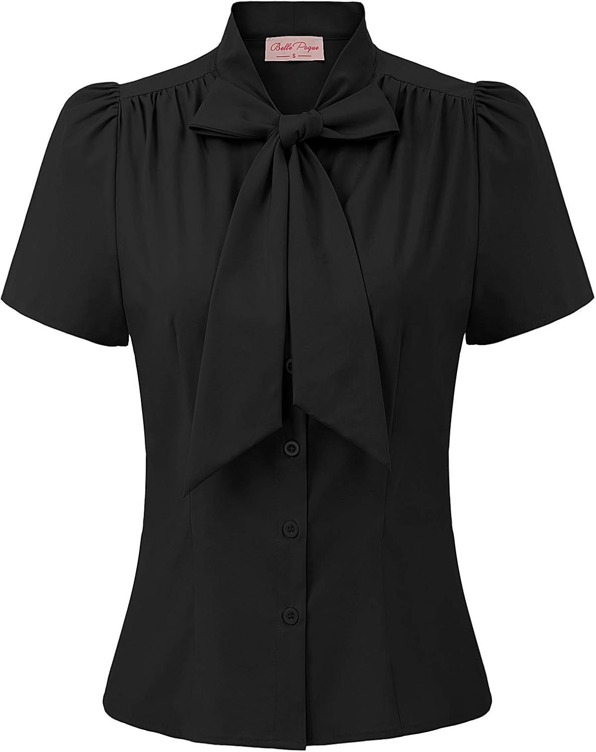 Belle Poque Women Dressy Casual Top Bow Tie Button Down Short Sleeve Blouse