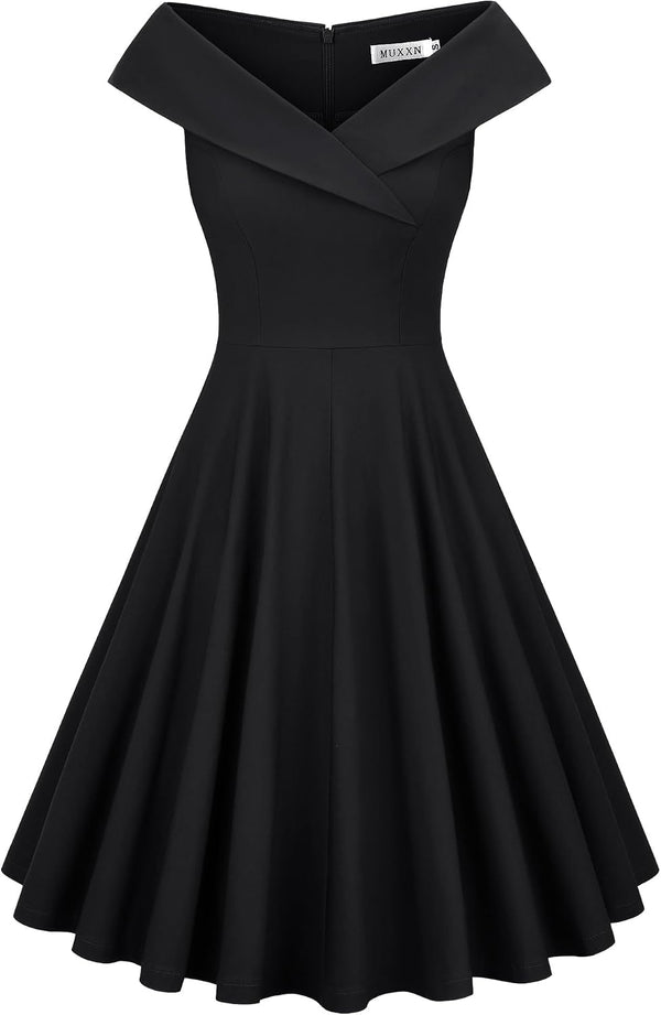 MUXXN Women's 1950s Retro Vintage Sleeveless V Neck Midi Cocktail Swing Dress